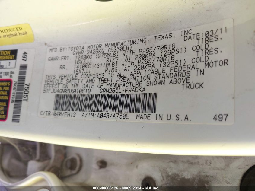 2011 Toyota Tacoma Prerunner V6 VIN: 5TFJU4GN0BX010619 Lot: 40065126