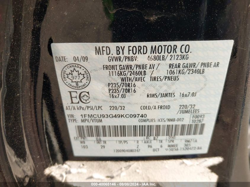 2009 Ford Escape Xlt VIN: 1FMCU93G49KC09740 Lot: 40065146