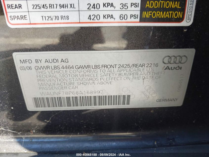 2006 Audi A3 VIN: WAUNX78P66A168997 Lot: 40065188