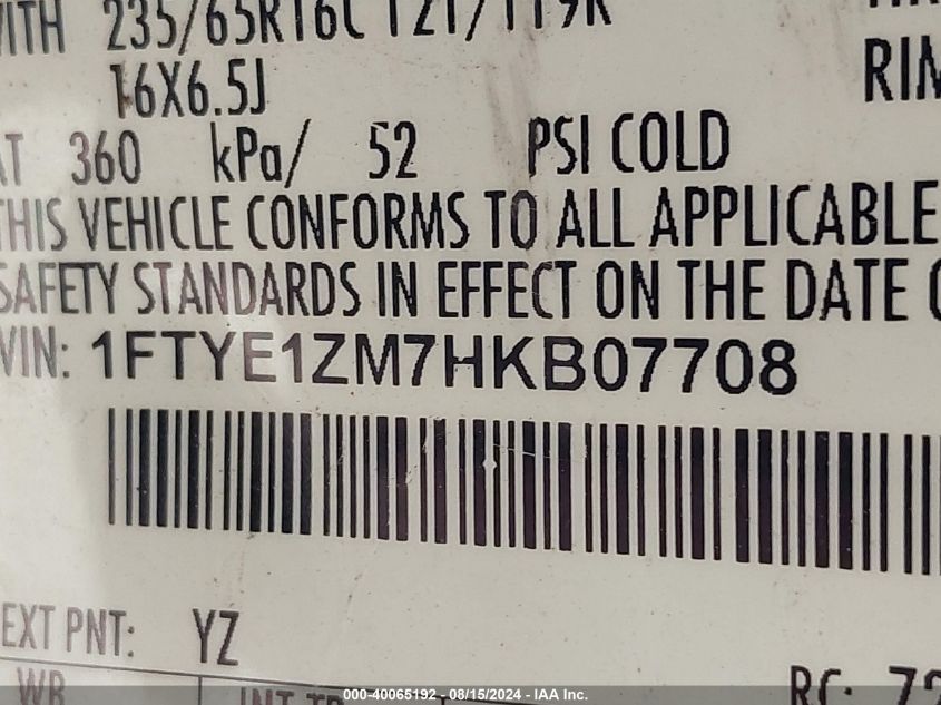 2017 Ford Transit-150 VIN: 1FTYE1ZM7HKB07708 Lot: 40065192