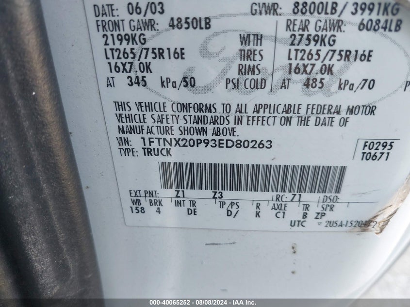 2003 Ford F-250 Lariat/Xl/Xlt VIN: 1FTNX20P93ED80263 Lot: 40065252