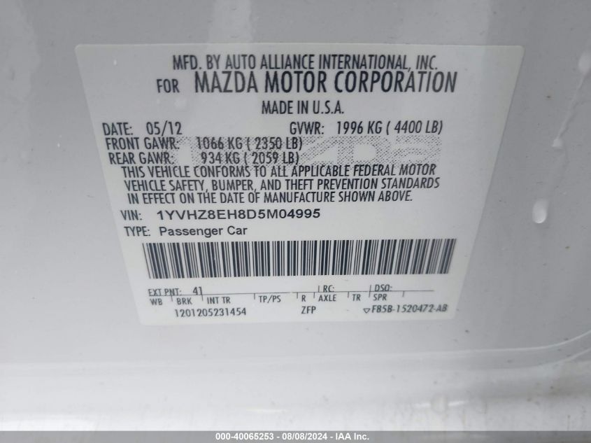 2013 Mazda Mazda6 I Touring Plus VIN: 1YVHZ8EH8D5M04995 Lot: 40065253