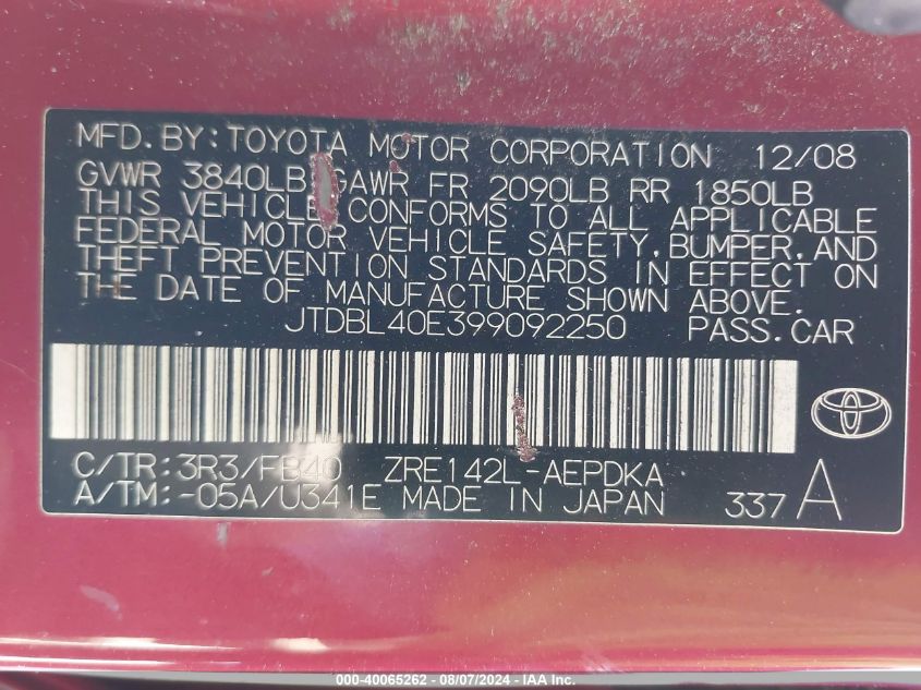 2009 Toyota Corolla Le VIN: JTDBL40E399092250 Lot: 40065262