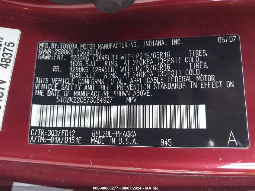 2007 Toyota Sienna Xle VIN: 5TDZK22C67S064927 Lot: 40065277