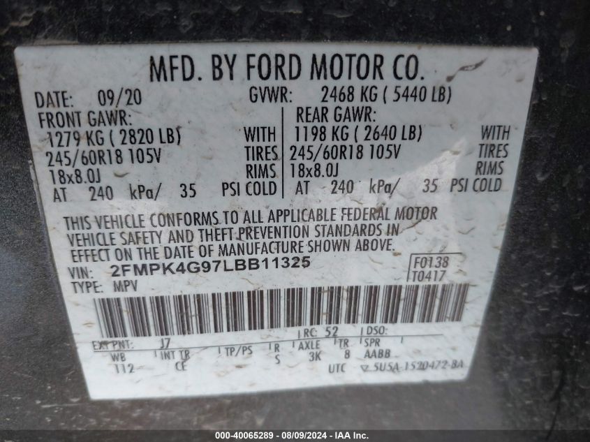 2020 Ford Edge Se VIN: 2FMPK4G97LBB11325 Lot: 40065289