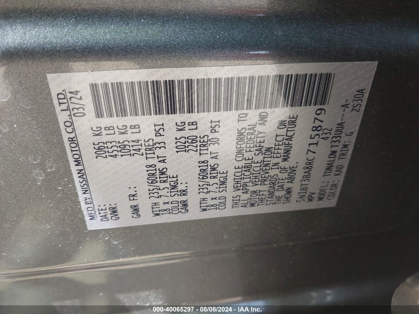 2024 Nissan Rogue Sv VIN: 5N1BT3BA8RC715879 Lot: 40065297