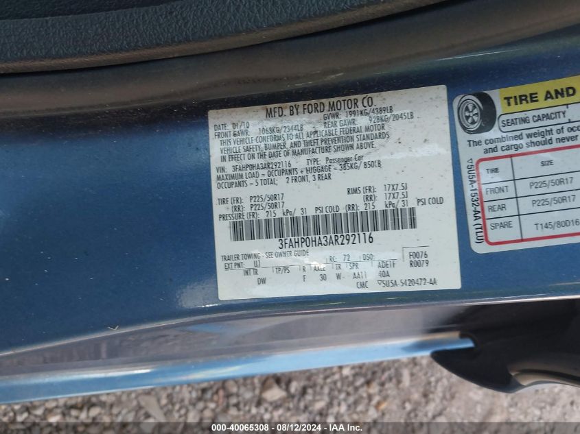 2010 Ford Fusion Se VIN: 3FAHP0HA3AR292116 Lot: 40065308