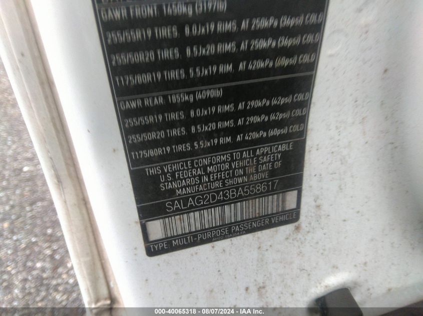 2011 Land Rover Lr4 VIN: SALAG2D43BA558617 Lot: 40065318