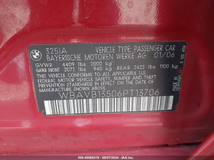 2006 BMW 325I VIN: WBAVB13506PT13706 Lot: 40065319