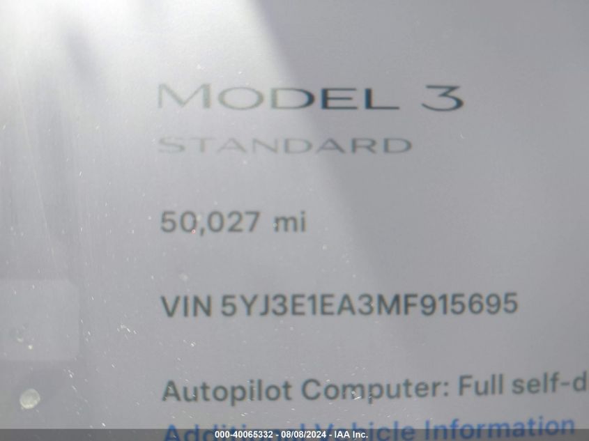 2021 Tesla Model 3 Standard Range Plus Rear-Wheel Drive VIN: 5YJ3E1EA3MF915695 Lot: 40065332