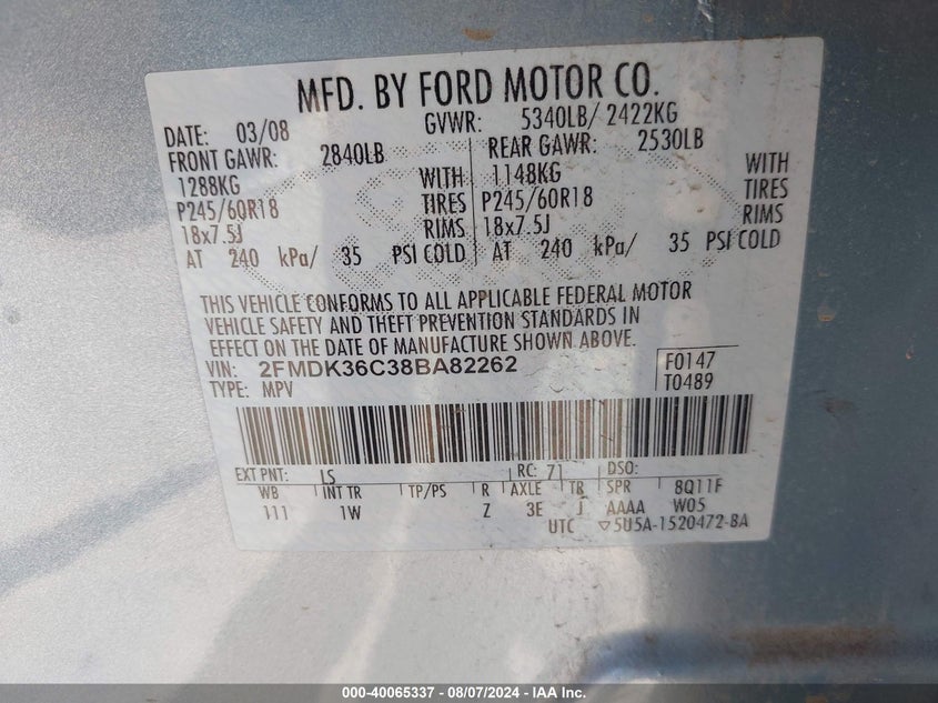 2008 Ford Edge Se VIN: 2FMDK36C38BA82262 Lot: 40065337