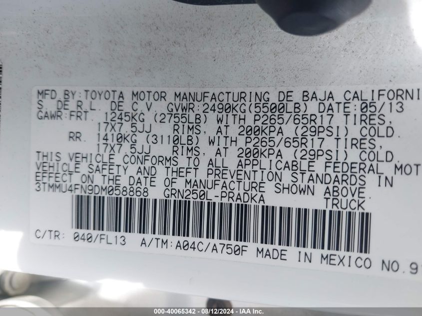 3TMMU4FN9DM058868 2013 Toyota Tacoma Base V6