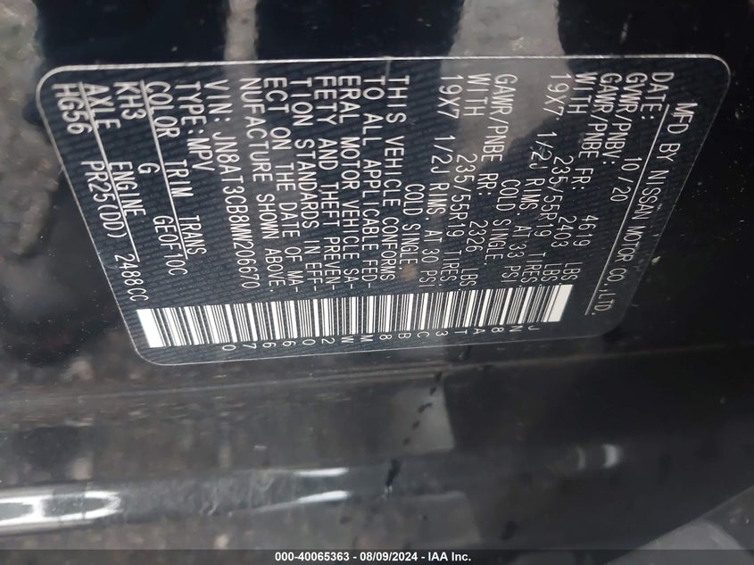 2021 Nissan Rogue Sl Intelligent Awd VIN: JN8AT3CB8MW206670 Lot: 40065363