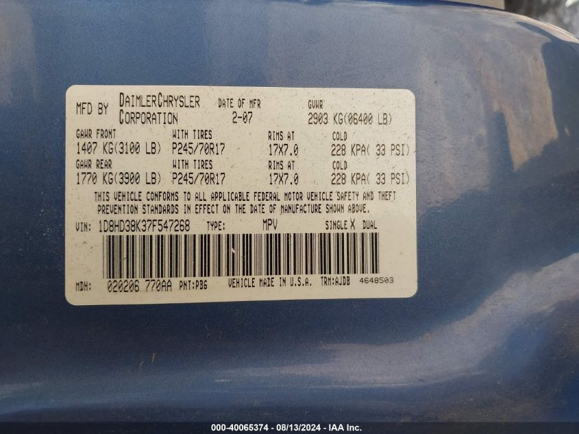 2007 Dodge Durango Sxt VIN: 1D8HD38K37F547268 Lot: 40065374