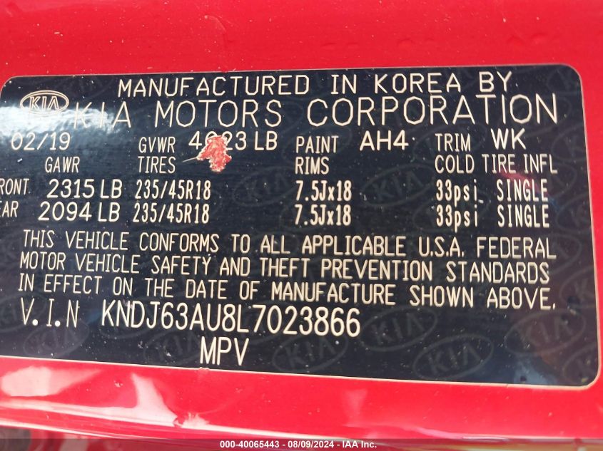 2020 Kia Soul Gt-Line VIN: KNDJ63AU8L7023866 Lot: 40065443
