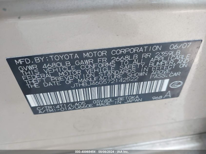 2007 Lexus Es 350 VIN: JTHBJ46G572142522 Lot: 40065454