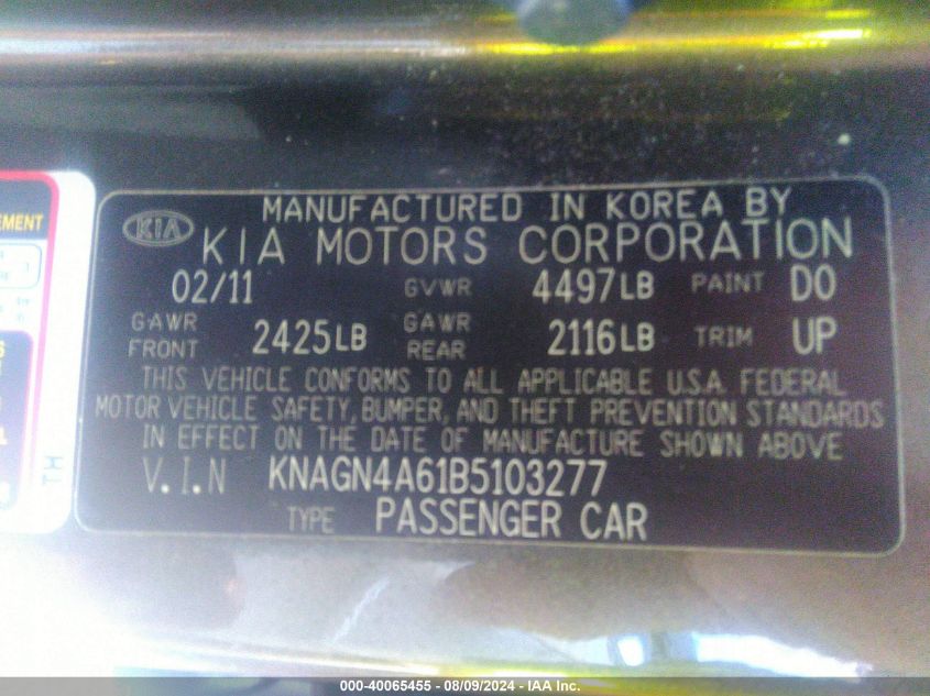 2011 Kia Optima Ex Turbo VIN: KNAGN4A61B5103277 Lot: 40065455