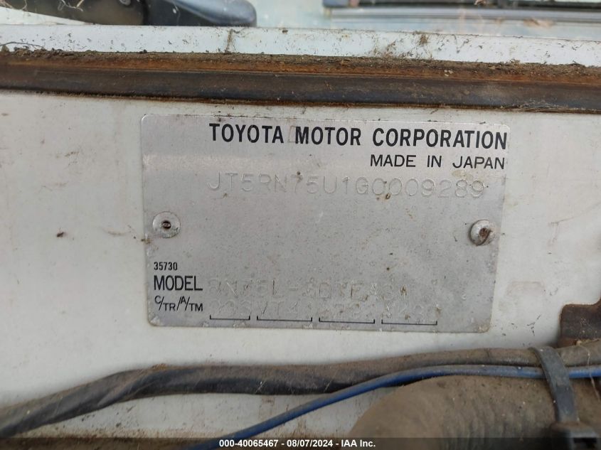 1986 Toyota Pickup Cab Chassis Rn75 Dlx VIN: JT5RN75U1G0009289 Lot: 40065467