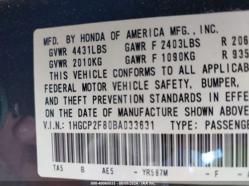 1HGCP2F80BA033631 2011 Honda Accord 2.4 Ex-L