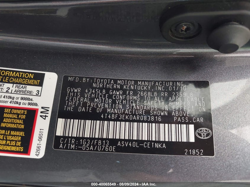 2010 Toyota Camry Le VIN: 4T4BF3EK0AR083816 Lot: 40065549