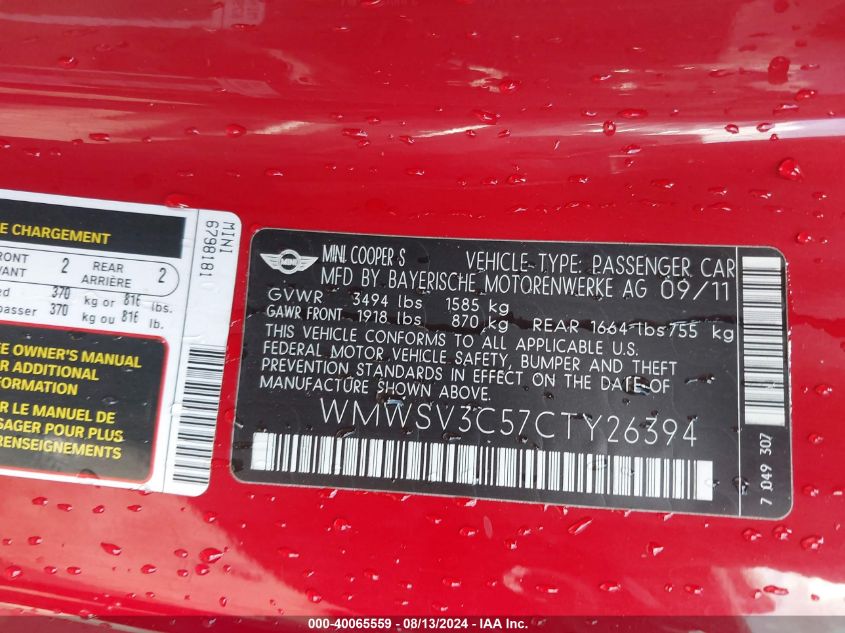 2012 Mini Cooper S VIN: WMWSV3C57CTY26394 Lot: 40065559