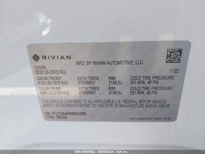 2022 Rivian R1T Adventure VIN: 7FCTGAAA9NN014280 Lot: 40065562