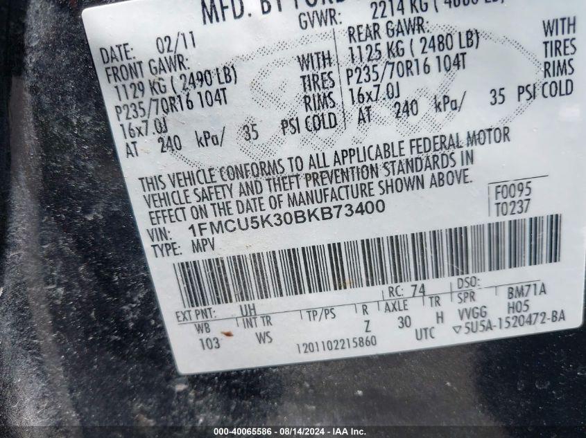 2011 Ford Escape Hybrid VIN: 1FMCU5K30BKB73400 Lot: 40065586