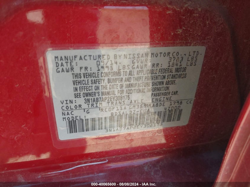 2014 Nissan Sentra Sv VIN: 3N1AB7AP2EY308175 Lot: 40065600