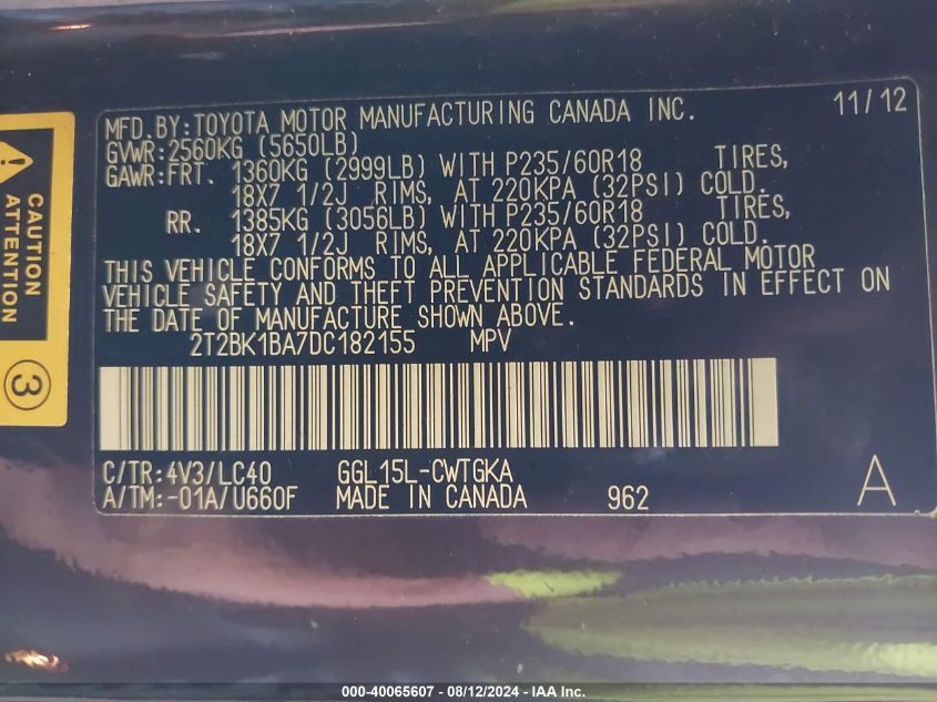 2013 Lexus Rx 350/Base/F Sport VIN: 2T2BK1BA7DC182155 Lot: 40065607