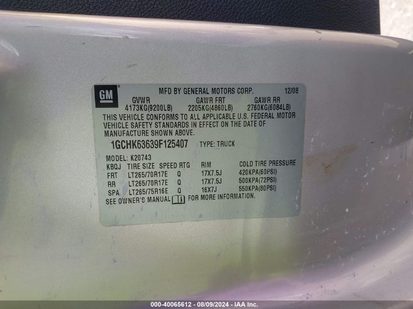 2009 Chevrolet Silverado 2500Hd K2500 Heavy Duty Ltz VIN: 1GCHK63639F125407 Lot: 40065612