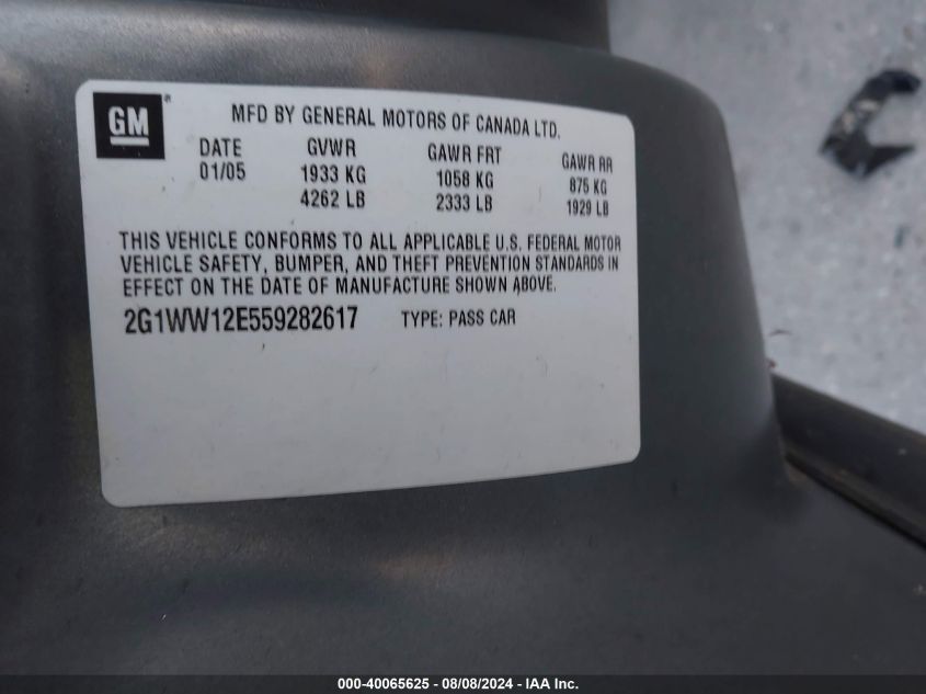 2005 Chevrolet Monte Carlo Ls VIN: 2G1WW12E559282617 Lot: 40065625