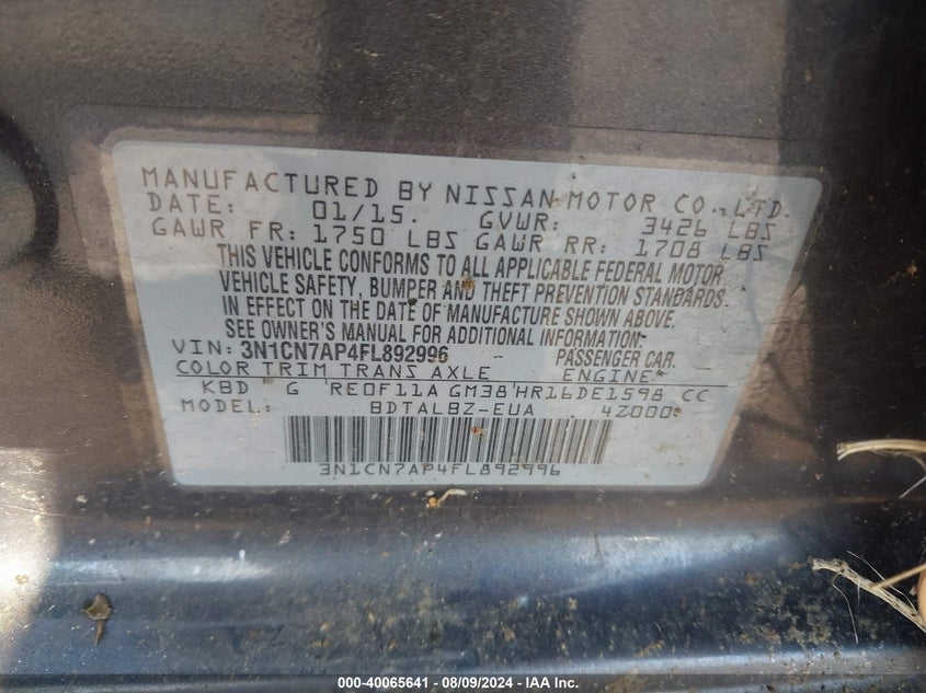 2015 Nissan Versa 1.6 Sv VIN: 3N1CN7AP4FL892996 Lot: 40065641