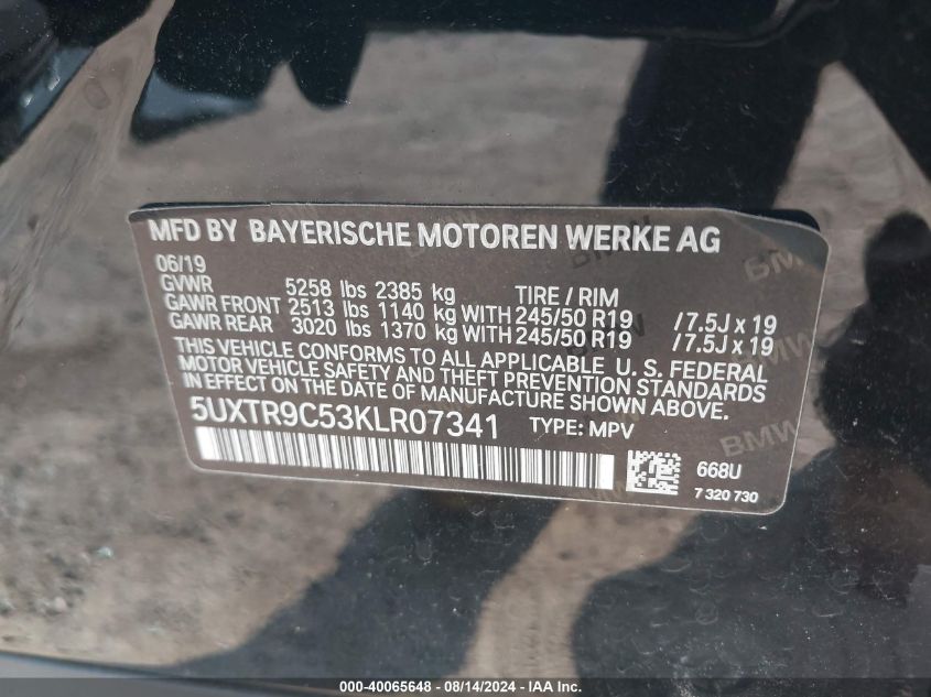 5UXTR9C53KLR07341 2019 BMW X3 xDrive30I