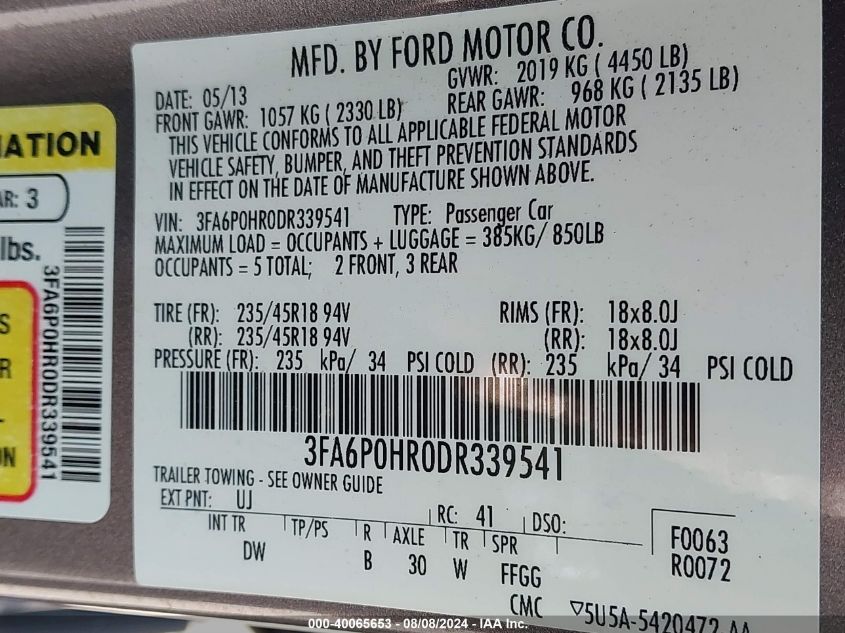 2013 Ford Fusion Se VIN: 3FA6P0HR0DR339541 Lot: 40065653