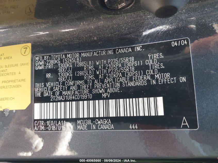 2004 Lexus Rx 330 VIN: 2T2HA31U84C019910 Lot: 40065660