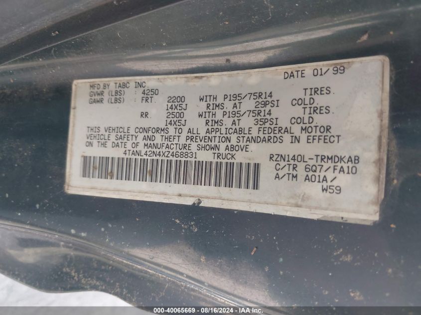 1999 Toyota Tacoma VIN: 4TANL42N4XZ468831 Lot: 40065669