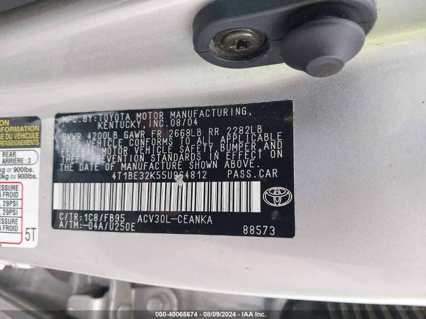 2005 Toyota Camry Std VIN: 4T1BE32K55U964812 Lot: 40065674