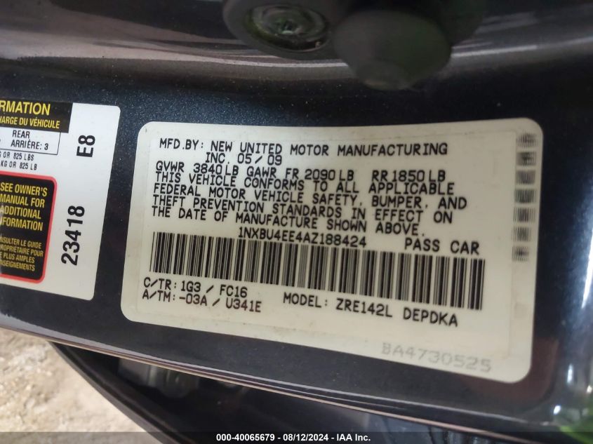 2010 Toyota Corolla Le VIN: 1NXBU4EE4AZ188424 Lot: 40065679