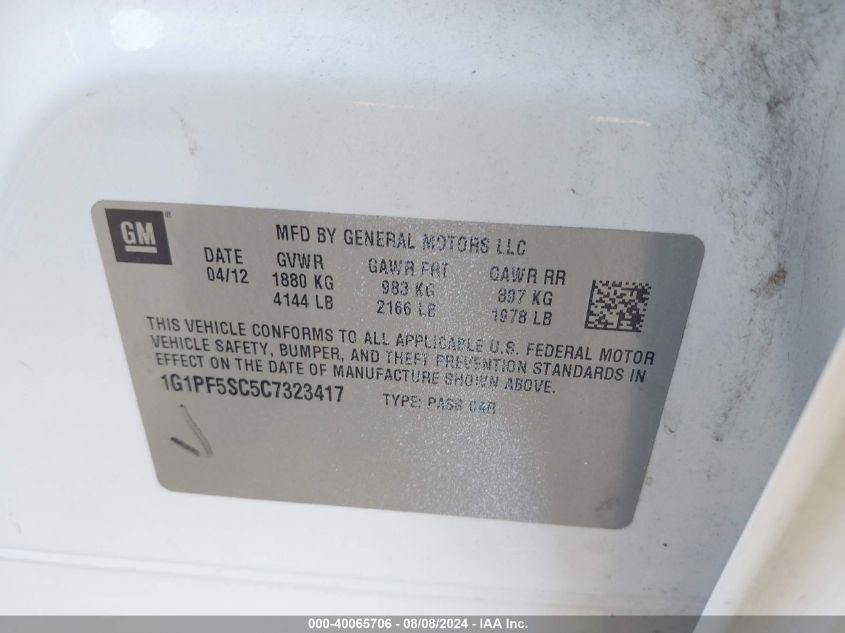 2012 Chevrolet Cruze Lt W/1Lt VIN: 1G1PF5SC5C7323417 Lot: 40065706