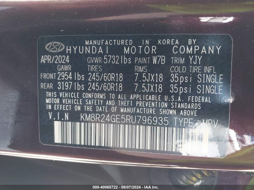 2024 Hyundai Palisade Sel VIN: KM8R24GE5RU796935 Lot: 40065722