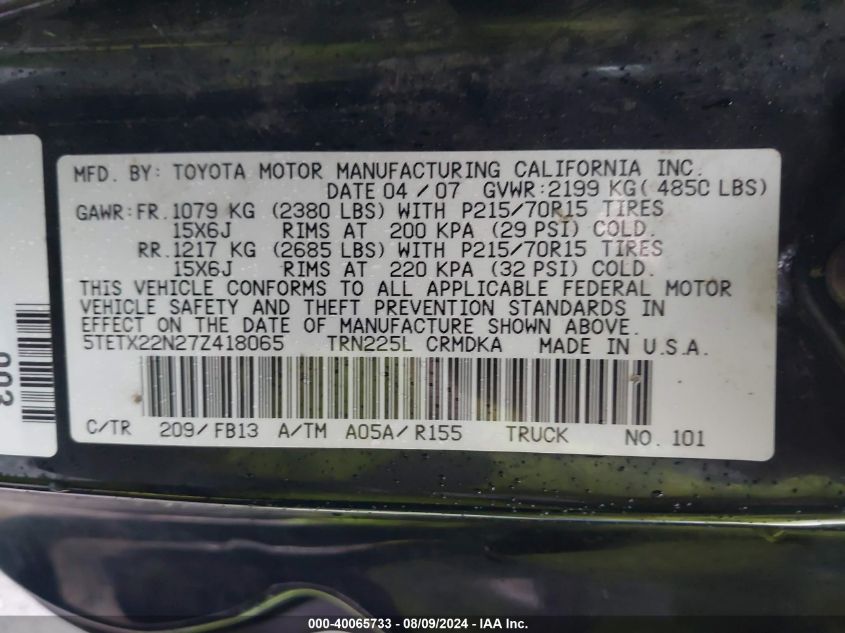 2007 Toyota Tacoma VIN: 5TETX22N27Z418065 Lot: 40065733