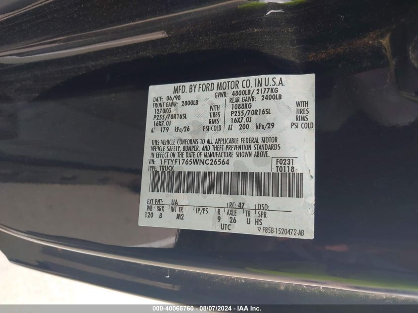 1998 Ford F-150 Lariat/Standard/Xl/Xlt VIN: 1FTYF1765WNC26564 Lot: 40065760