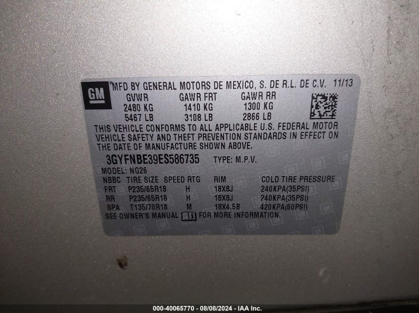 2014 Cadillac Srx Luxury Collection VIN: 3GYFNBE39ES586735 Lot: 40065770