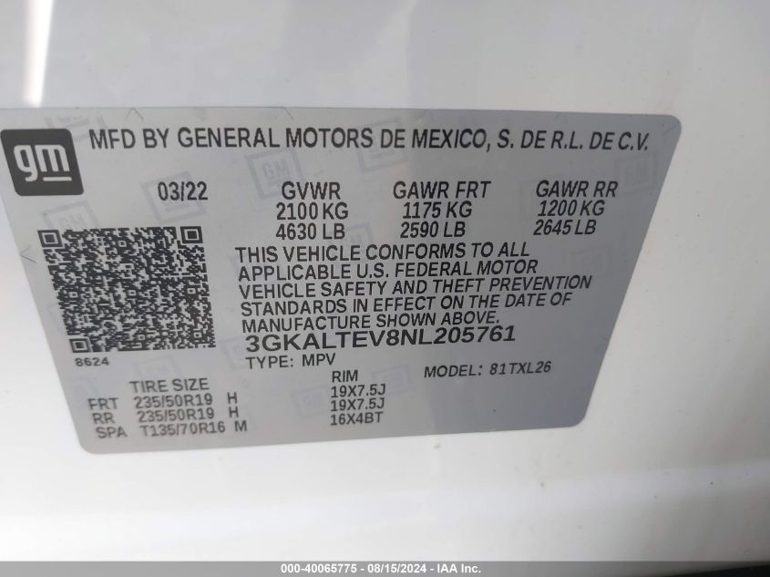 2022 GMC Terrain Awd Sle VIN: 3GKALTEV8NL205761 Lot: 40065775