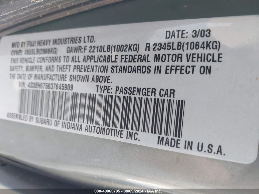 2003 Subaru Legacy Outback Awp VIN: 4S3BH675937645909 Lot: 40065785