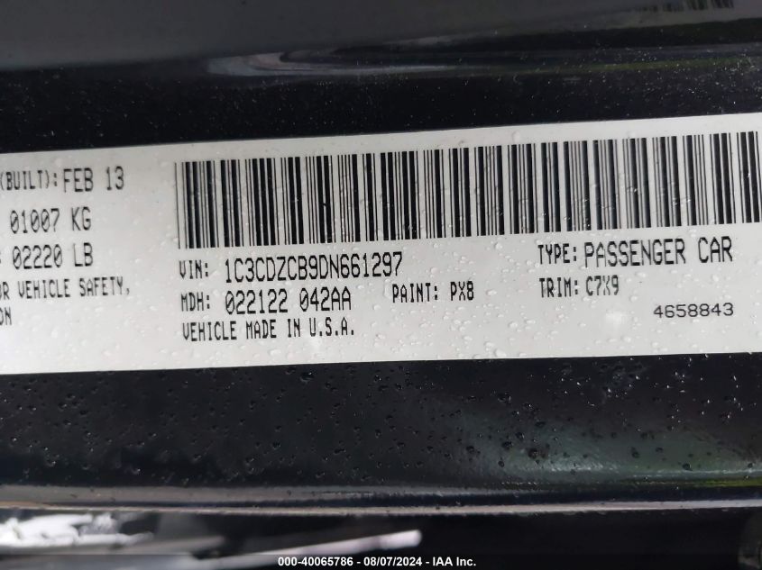 2013 Dodge Avenger Sxt VIN: 1C3CDZCB9DN661297 Lot: 40065786