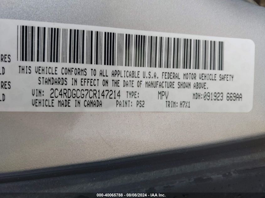 2012 Dodge Grand Caravan Sxt VIN: 2C4RDGCG7CR147214 Lot: 40065788
