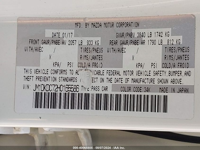 2017 Mazda Cx-3 Touring VIN: JM1DKDC72H0165586 Lot: 40065805