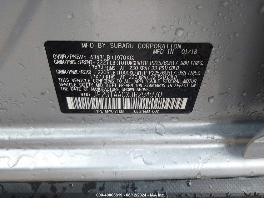 VIN JF2GTAACXJH294970 2018 SUBARU CROSSTREK 2.0I