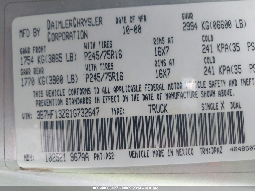 2001 Dodge Ram 1500 VIN: 3B7HF13Z61G732647 Lot: 40065827
